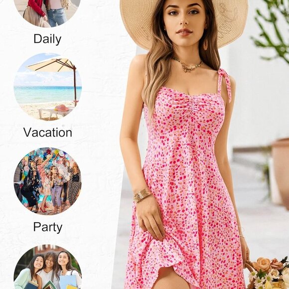 Women's Sleeveless Sundress with Pockets Floral Pink Small Mini Summer Dress - Picture 5 of 6